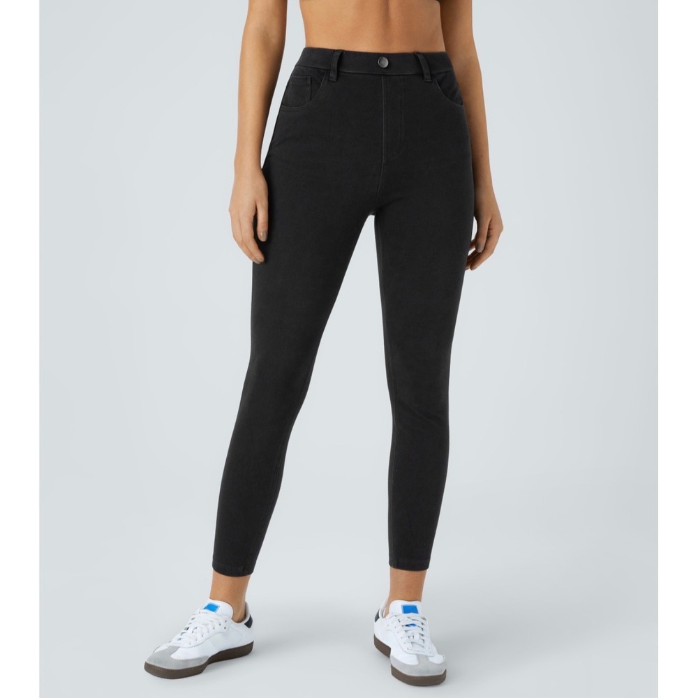 Halara Womens High Waisted Pockets Denim Work Leggings Black Size L NWT